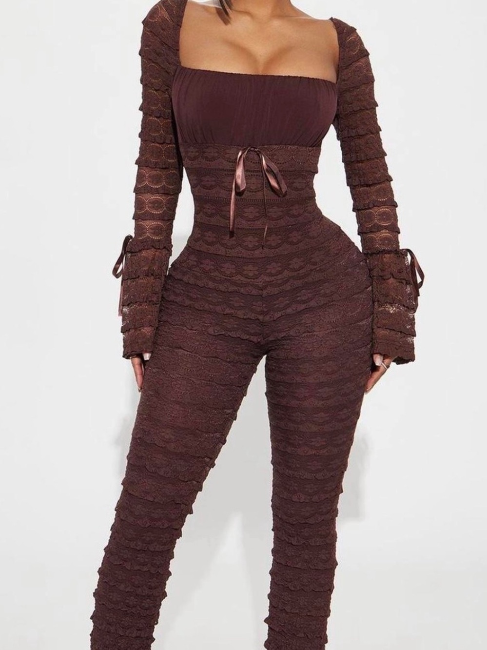 Fashion Nova Brown Lace Long-Sleeve Square-Neck Jumpsuit